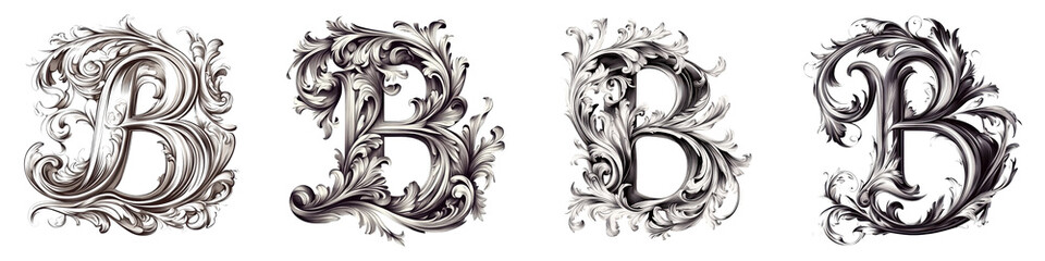 Fototapeta premium B letter ,Beautifully Crafted Vintage Calligraphic Initial Letters with Intricate Floral Flourishes and Elaborate Decorative Ornamentation Elegant and Sophisticated Typographic Design in a Classic