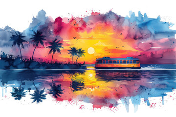 bright and colorful sunset on the tropical coast. In the center of the composition is a boat sailing on calm waters, reflecting the magnificent colors of the sunset. 
