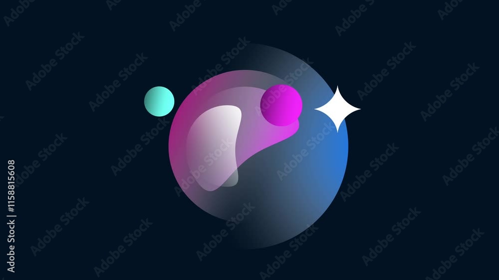 Poster animation of mesmerizing cosmic sphere featuring vibrant orbs and sparkling elements against a dark 