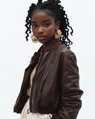 A woman model wearing a mocha mousse soft leather jacket, paired with a delicate silk skirt