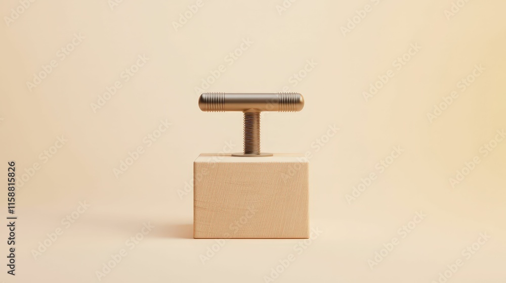 Poster 3d clamp icon gripping wooden block minimalist design studio setting close-up view conceptual focus