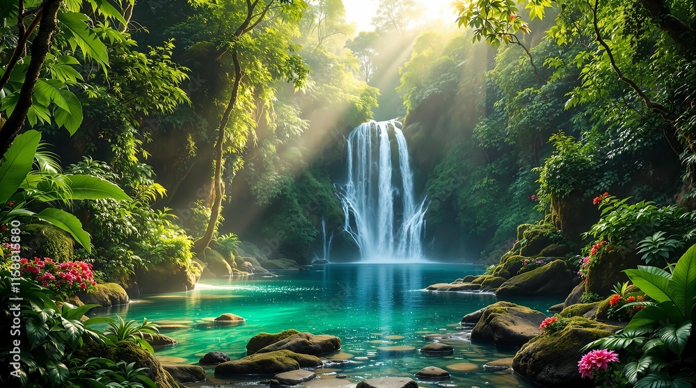 Poster lush, verdant forest scene with a majestic waterfall cascading down into a serene, emerald green pool. Sunlight filters through the dense foliage, creating a tranquil and picturesque setting.