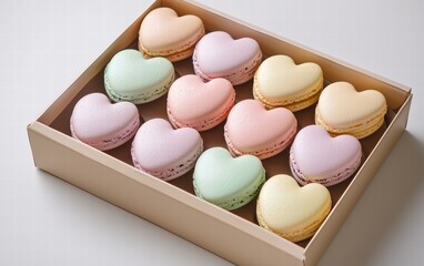 Obraz premium Heart-shaped macaroons in pastel colors, placed in a gift box for valentines day