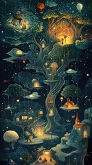 Obraz premium Illuminated whimsical tree houses, floating homes, night sky.