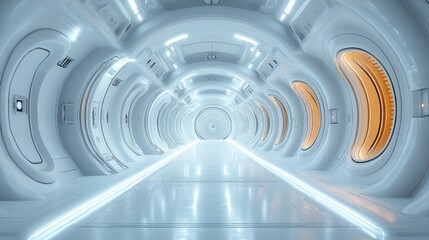 Obraz premium Futuristic white spaceship corridor with glowing lights.