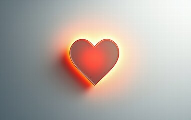 Minimalistic white background with a single red heart glowing in the center for valentines day