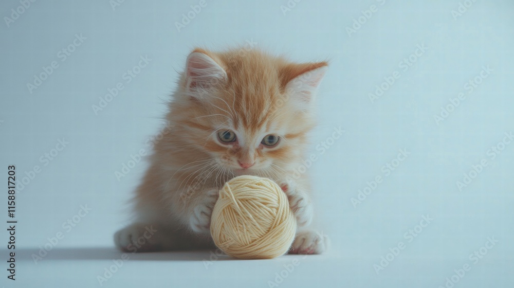 Poster cute kitten enjoys playing with a fluffy ball of yarn in a bright indoor space during the afternoon 