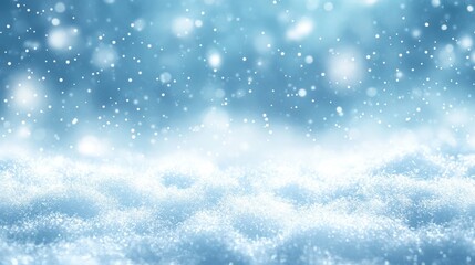 Fototapeta premium Abstract winter landscape with blurred light blue background and soft, dreamy atmosphere. The snowfield ahead is out of focus, creating depth and an ethereal, tranquil scene for winter-themed designs.