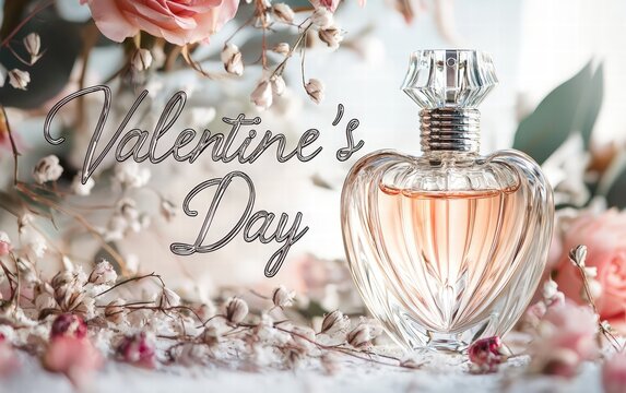 Perfumes Valentineâ???s Day written in cursive font next to a sleek, glass perfume bottle with floral accents, showcasing elegance and fragrance sales appeal.