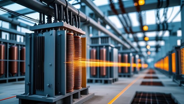 High-Voltage Transformer Station with Copper Coils and Power Lines