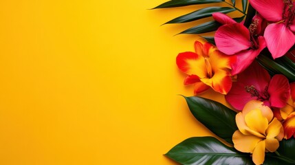 A dynamic composition of exotic tropical flowers on a vibrant coral background, angled shot, Contemporary style