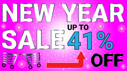 New year sale up to 41 percent off banner with Magenta or Fuchsia and white radial background and sunburst starburst celebration theme