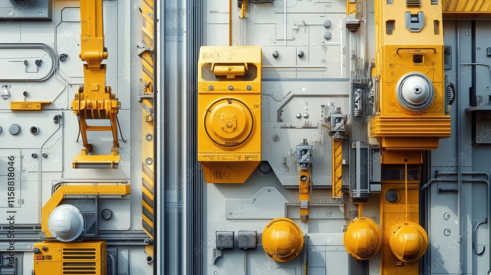 Poster abstract industrial background with yellow and gray elements featuring pipes, switches, circuits, an