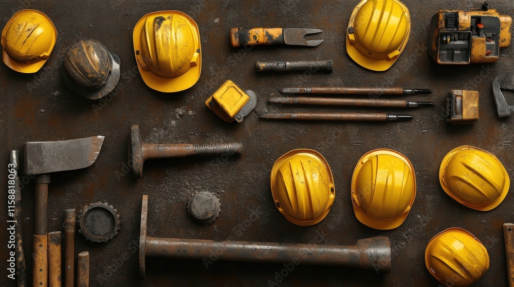 Poster vibrant yellow construction helmets and tools on rusty surface for safety and work environment in in