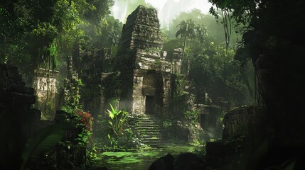 Ancient Stone Temple Overgrown with Lush Jungle Vegetation