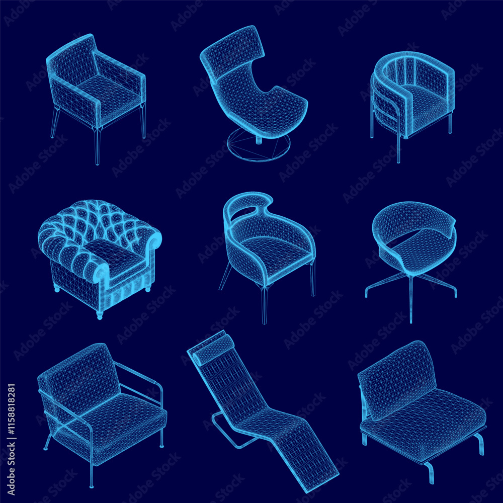 Poster set of blue chairs with different shapes and sizes. the chairs are arranged in a grid pattern, with 