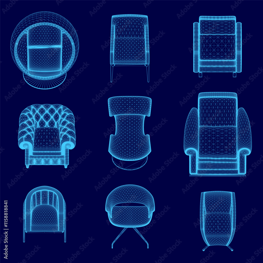 Poster set of blue chairs with different shapes and sizes. the chairs are arranged in a grid pattern, with 