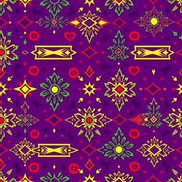 Vibrant Purple Geometric Pattern: A captivating seamless pattern with intricate geometric shapes in vibrant shades of yellow, green, and red, against a rich purple background.