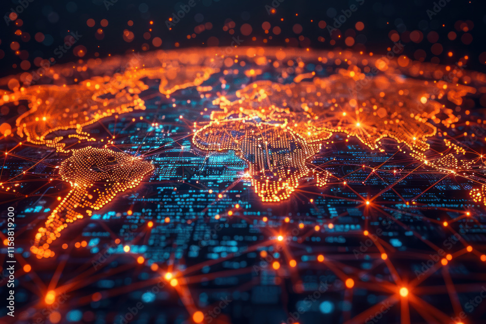 Poster world map made in digital art style. continents are indicated by glowing orange dots and lines, crea