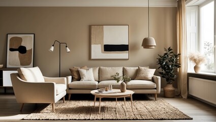 Cozy Modern Neutral Living Room with Abstract Art and Plants