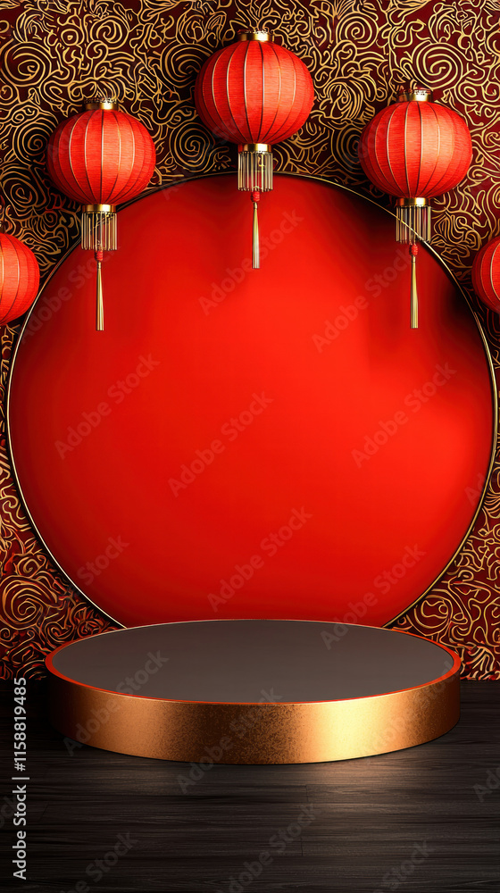 Poster chinese new year. red backdrop with lanterns and a circular display platform.
