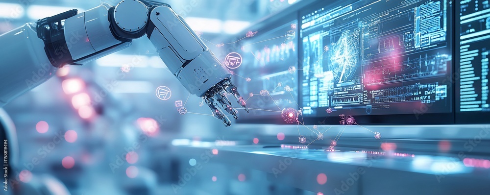 Poster robotic arm interacting with digital interface.