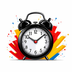 Vintage alarm clock with colorful paint splashes in background, symbolizing time management and urgency. Perfect for concepts related to deadlines and planning