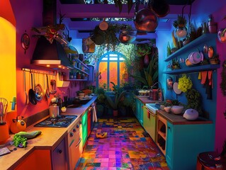 Whimsical, colorful kitchen design.  Organic shapes, vibrant hues, and playful decor create a fantastical cooking space.