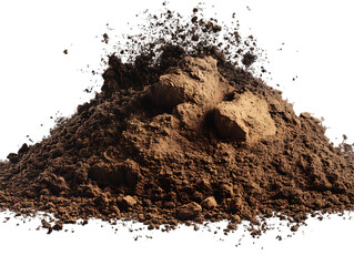 Pile of brown soil humus with rich texture and natural details, isolated on a transparent background in PNG format.