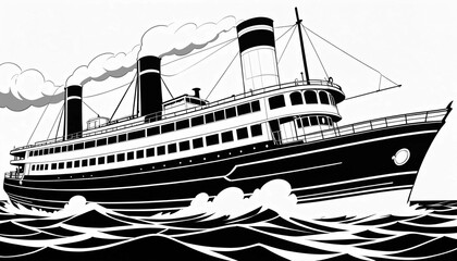 Bold Black and White Ocean Liner with Active Smokestacks in Classic Maritime Style