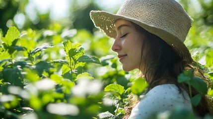 Woman in straw hat, eyes closed, enjoying nature, surrounded by lush green foliage.