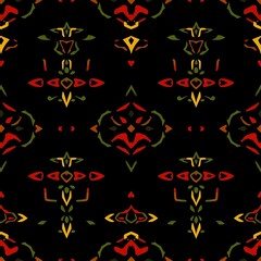 Abstract Geometric Pattern in Black and Red: A captivating seamless pattern with bold abstract shapes in vibrant red, yellow, and green hues against a black background.