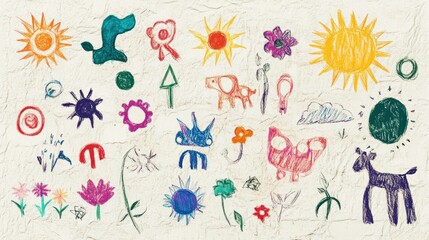 A collection of hand-drawn colorful charcoal doodles featuring animals, flowers, suns, clouds, and abstract shapes, arranged on a textured white paper background, evoking a playful, childish vibe.