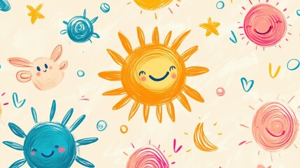A colorful set of hand-drawn doodles, including smiling suns, playful animals, and swirling patterns, created with textured chalk strokes on a soft beige background.