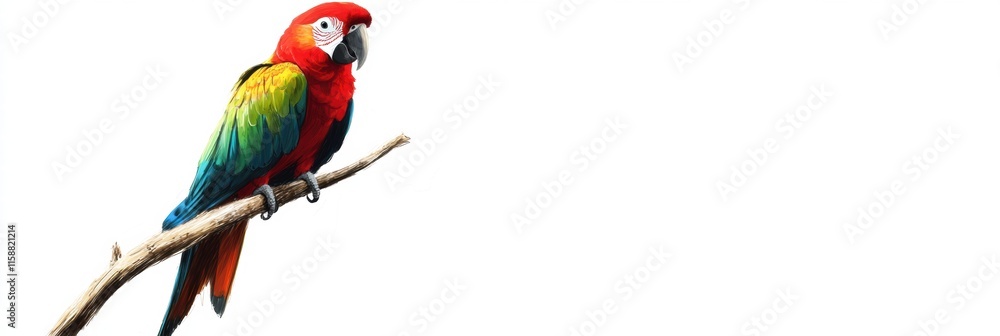Aufkleber Bright parrot perched on a branch against a blank backdrop with empty space for text and mockup design. Generative AI
