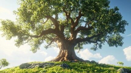 Fototapeta premium A massive oak tree with sprawling branches and vibrant green leaves, standing alone on a grassy hill under a bright blue sky, with detailed bark textures and sunlit foliage.
