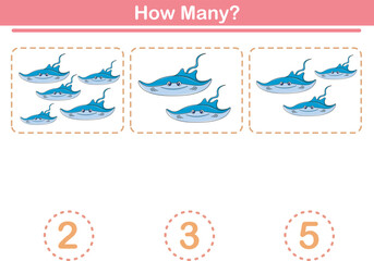 Counting game of stingrays for preschool kids. Printable. Vector Illustration