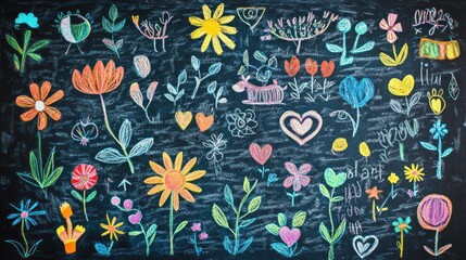 A set of colorful doodles in a childlike style, including flowers, animals, and geometric patterns, drawn with chalk on a smooth, lightly textured background.