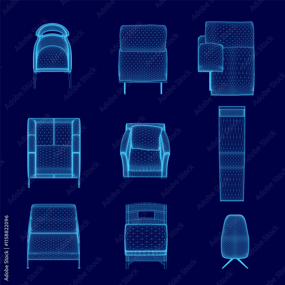 Poster set of blue chairs with different shapes and sizes. the chairs are arranged in a grid pattern, with 