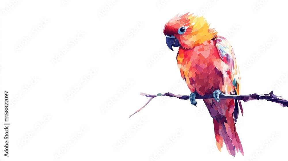 Poster Bright parrot illustration perched on a branch with ample space for text or design placement. Generative AI