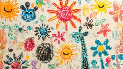 A vibrant collection of doodles featuring playful animals, cheerful suns, and colorful flowers, drawn with textured charcoal strokes on a slightly aged paper canvas.