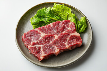 Fototapeta premium Rack of ribs, ginger, leafy greens on wood table for culinary stock image