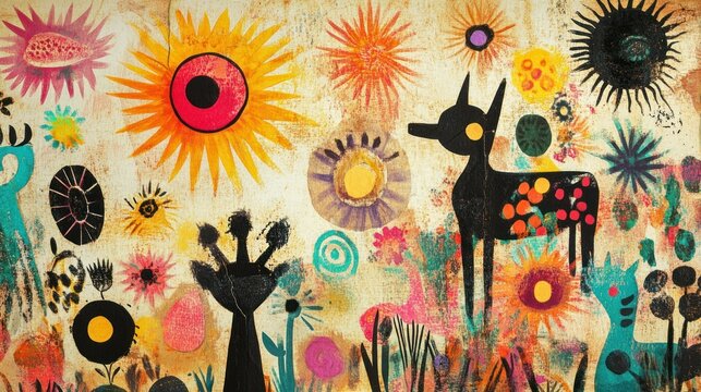 A vibrant collection of doodles featuring playful animals, cheerful suns, and colorful flowers, drawn with textured charcoal strokes on a slightly aged paper canvas.