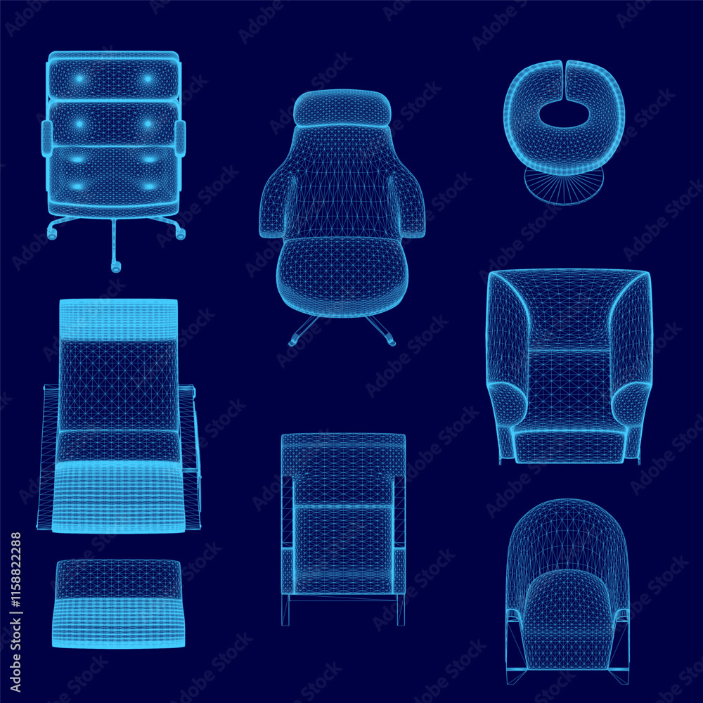 Poster set of blue chairs with different shapes and sizes. the chairs are arranged in a grid pattern, with 