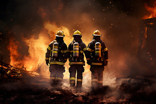 Brave firefighters in protective fire gear face the fire. International firefighter day concept.