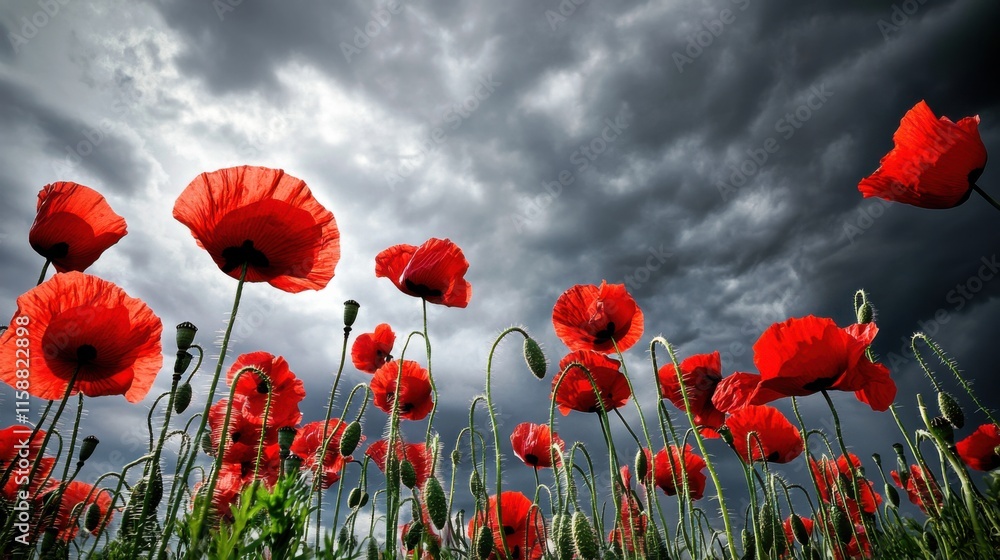 Poster a dynamic display of red poppies against a dramatic cloudy sky, angled shot, dramatic style
