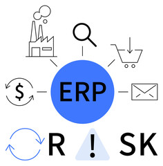 Central ERP system interconnected with icons for industry, research, shopping, finance, communication, and risk. Ideal for business processes, data management, project planning finance supply
