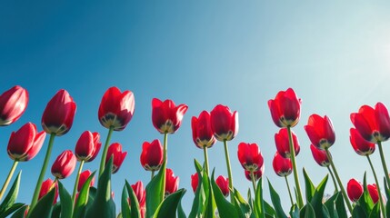 Obraz premium A dynamic display of red tulips against a vibrant blue sky, angled shot, Dramatic style