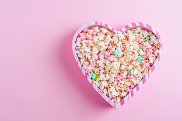 Obraz premium heart symbol popcorn on pink color background Heart made of popcorn on pink color background. Love the cinema, dating, and Valentine's Day concept 