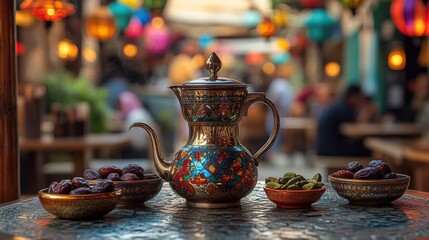 Cezve brews coffee with dates and cardamom in a lively Middle Eastern cafe